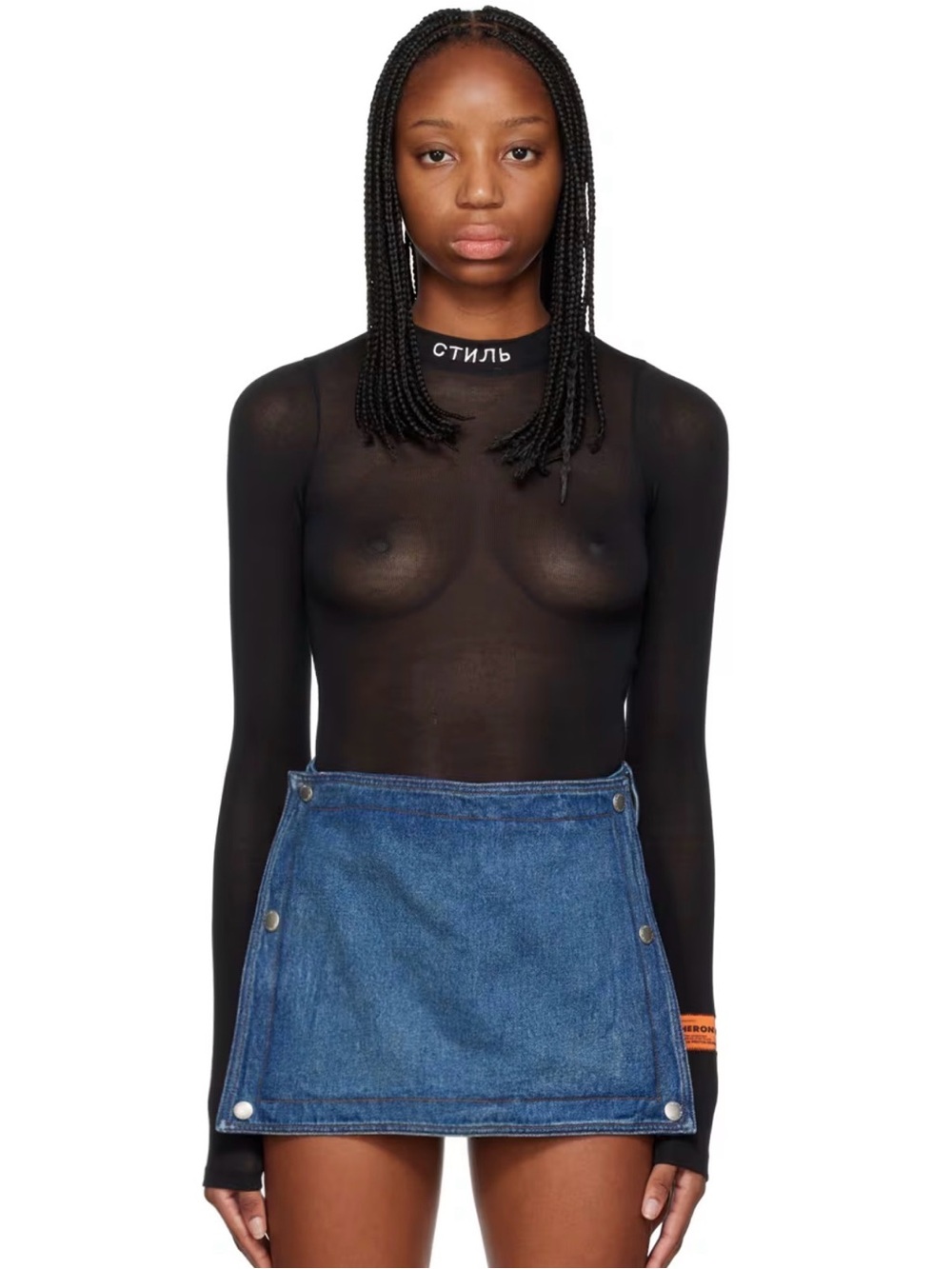 Heron Preston Black Sheer Long-Sleeve Mesh Top with Mock Neck “Style” small